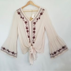 Blu Pepper Boho Embroidered Blouse Small Tie Waist Bell Sleeves NWOT Cream Beige